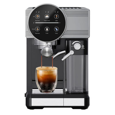 Silver Espresso Coffee Making Machine With Manual Milk Frother For Latte Cappuccino Built In Grinder