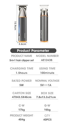 5 in 1 Multi-Function Electric Clipper with 1200mAh Battery and 1 Year Warranty for Fast Charging and Full Body Washable Hair Trimmer