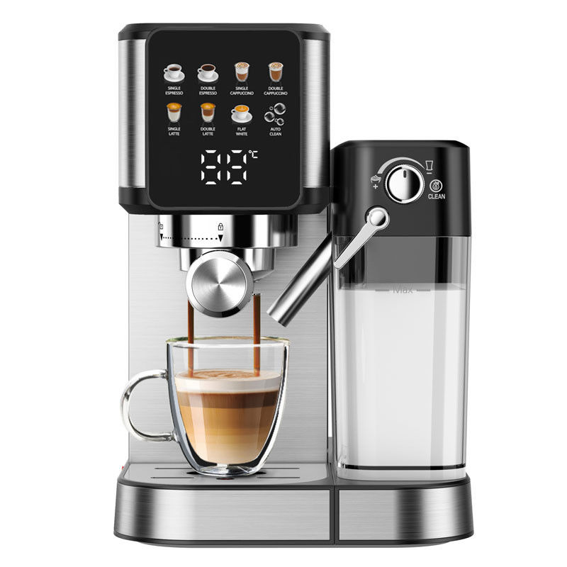 Silver Espresso Coffee Making Machine With Manual Milk Frother For Latte Cappuccino Built In Grinder